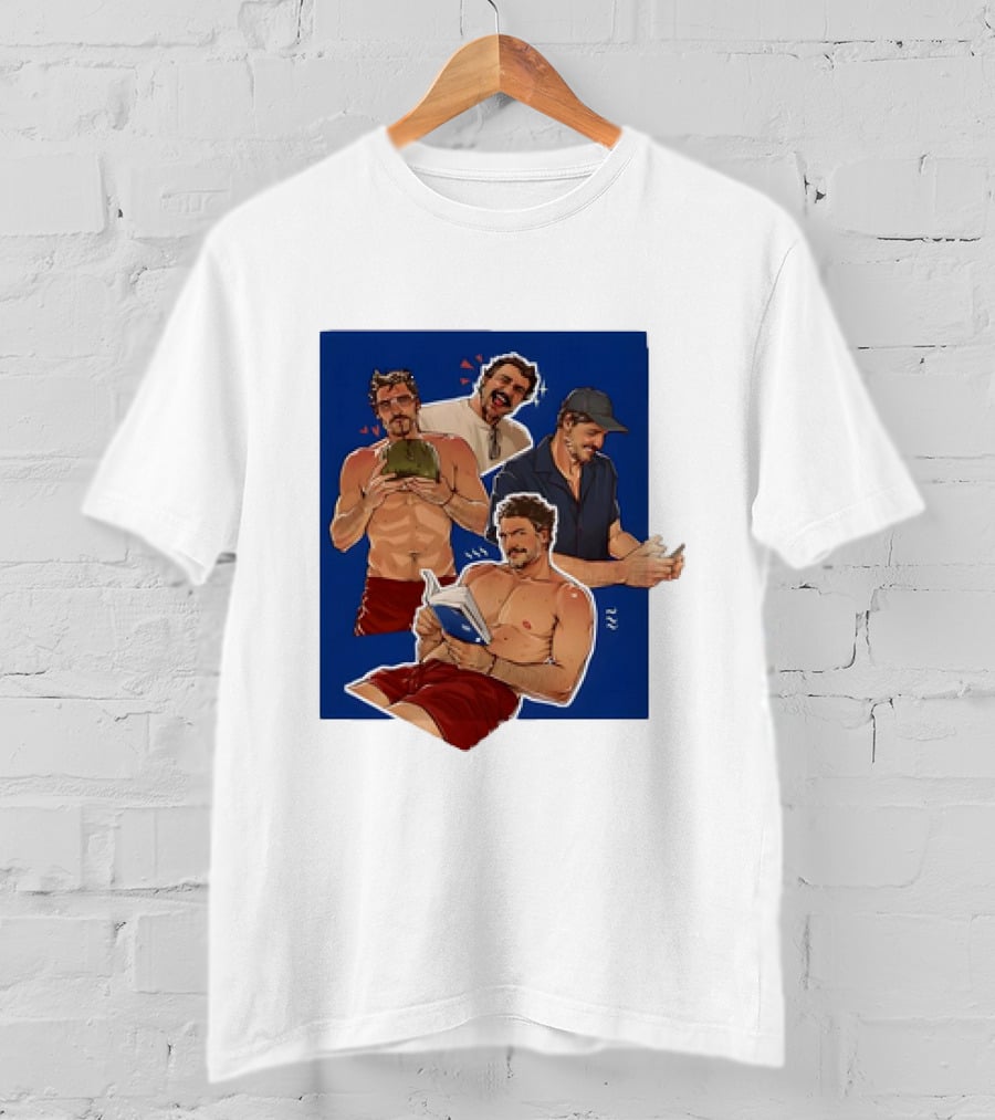 Pedro Pascal Humorous Illustrated Collage Reading And Relaxing Moments T-Shirt
