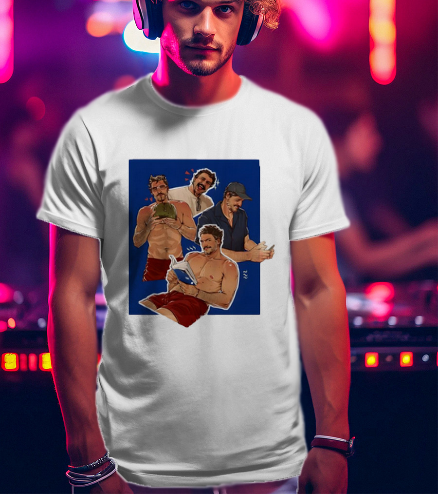 Pedro Pascal Humorous Illustrated Collage Reading And Relaxing Moments T-Shirt