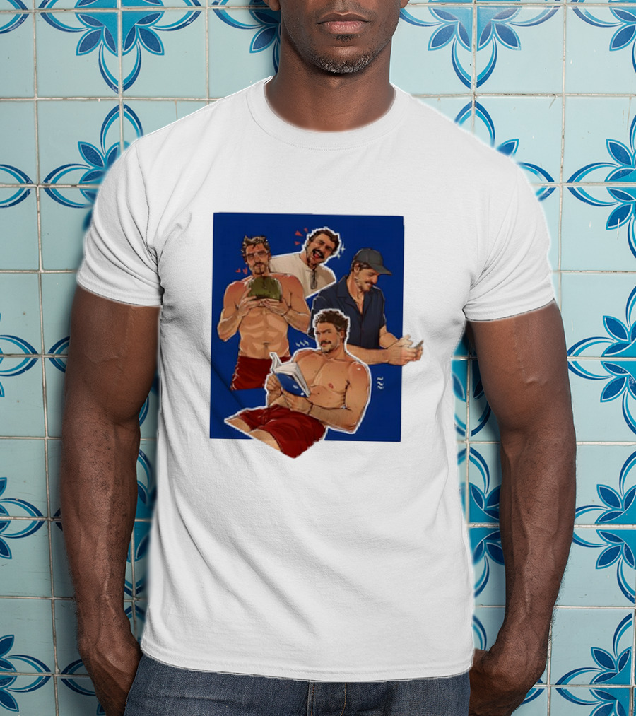 Pedro Pascal Humorous Illustrated Collage Reading And Relaxing Moments T-Shirt