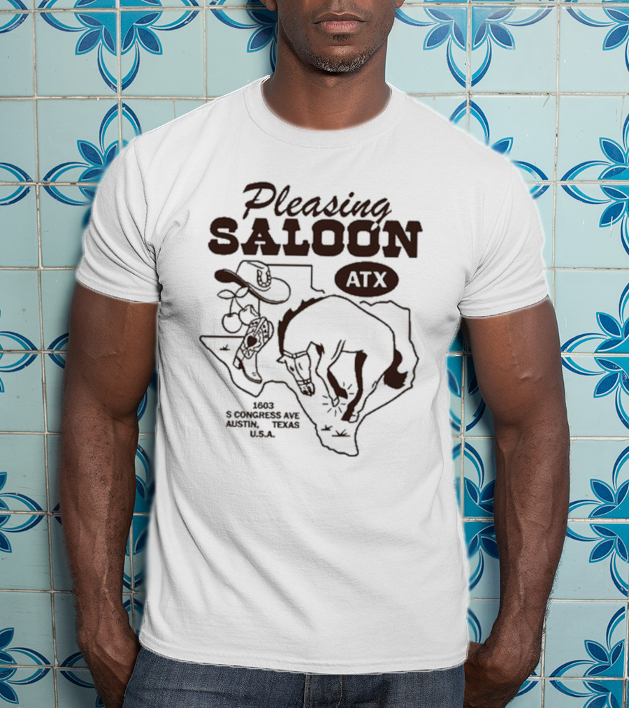 Pleasing Saloon ATX 1603 S Congress Ave Austin Texas USA Cowboy And Bull Texas Outline T-Shirt