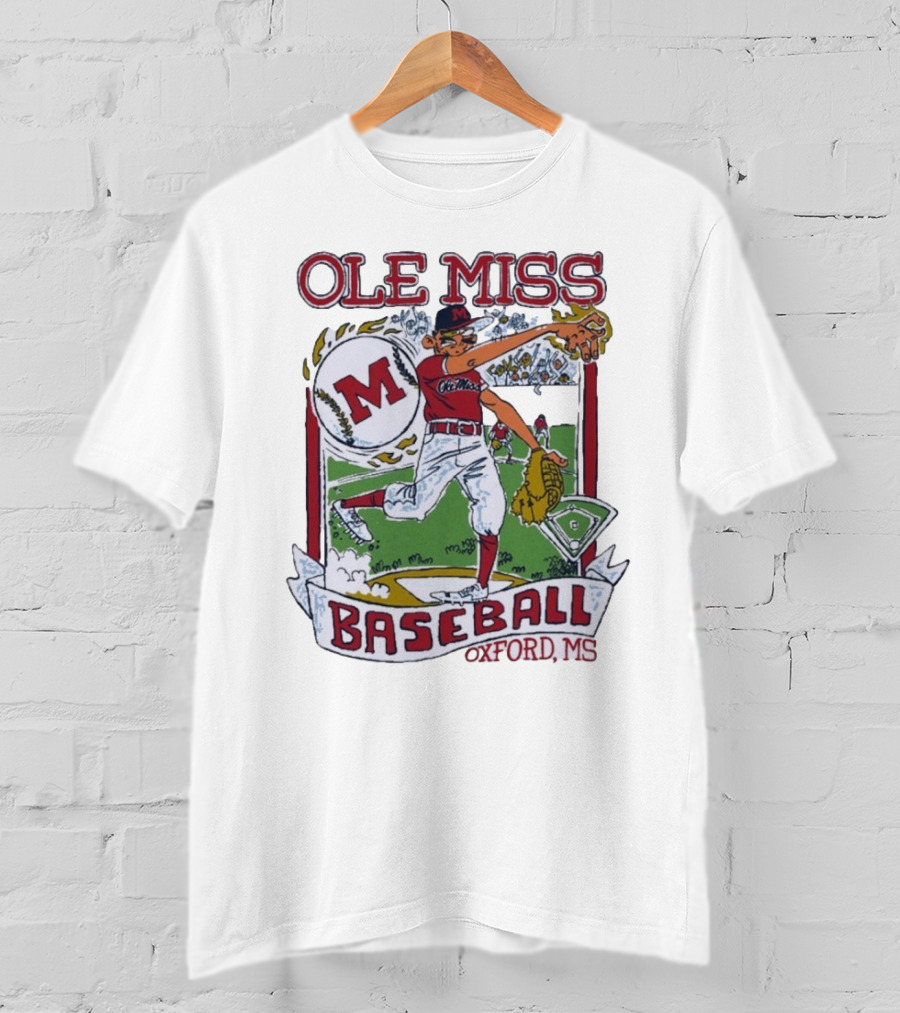Ole Miss Baseball Oxford MS Pitcher Illustration With M Logo T-Shirt