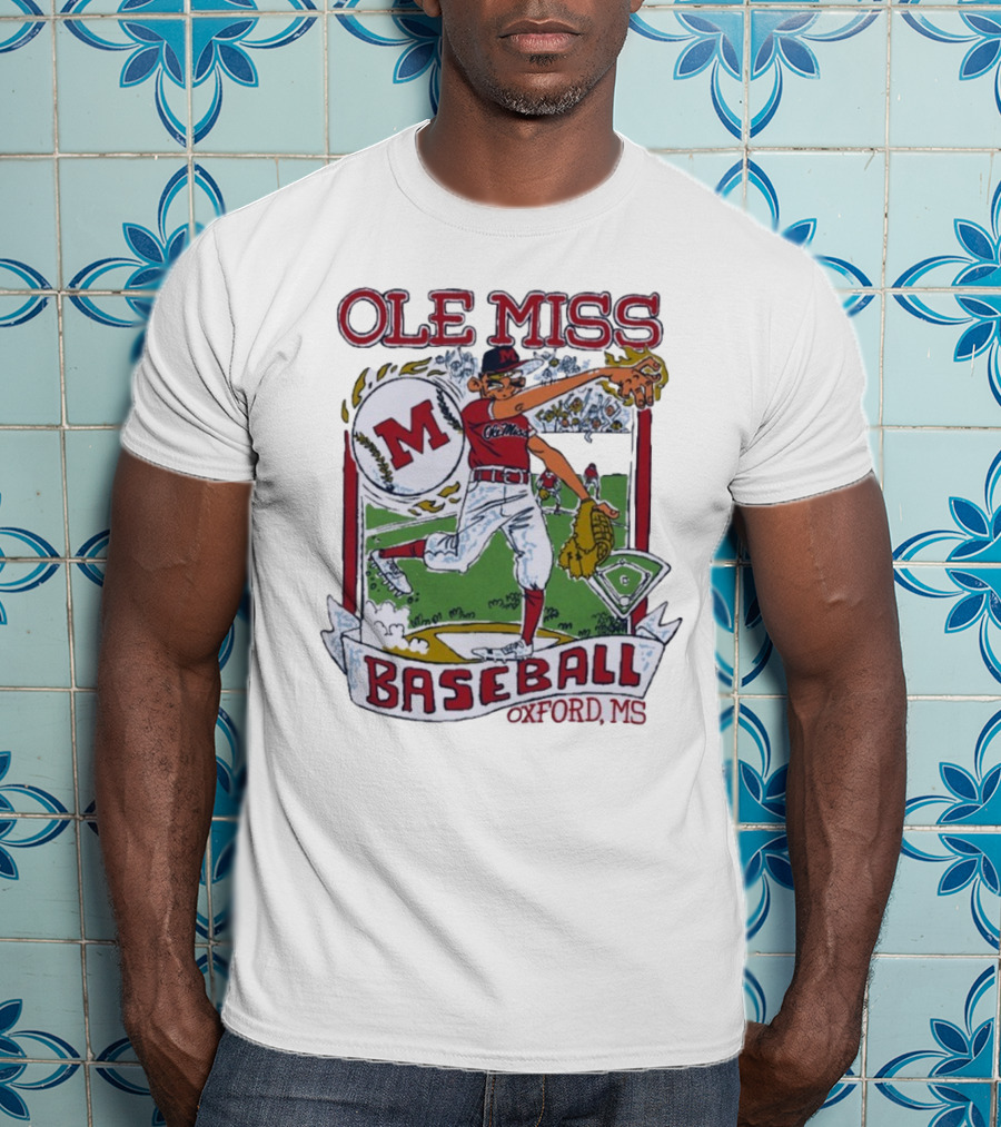Ole Miss Baseball Oxford MS Pitcher Illustration With M Logo T-Shirt