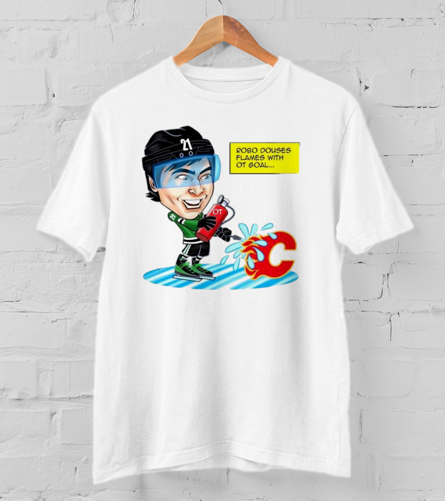 Robo Douses Flames With OT Goal Hockey Player Cartoon Extinguishing Calgary Flame Logo T-Shirt