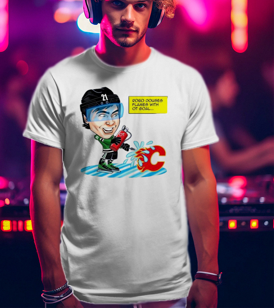 Robo Douses Flames With OT Goal Hockey Player Cartoon Extinguishing Calgary Flame Logo T-Shirt