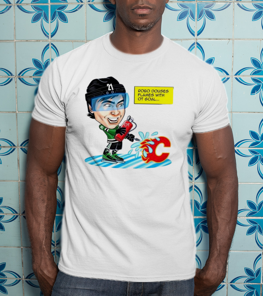 Robo Douses Flames With OT Goal Hockey Player Cartoon Extinguishing Calgary Flame Logo T-Shirt