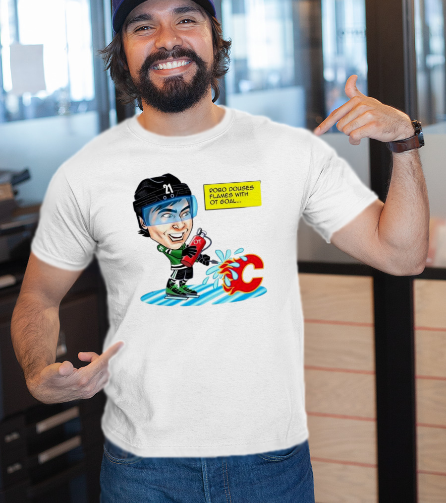 Robo Douses Flames With OT Goal Hockey Player Cartoon Extinguishing Calgary Flame Logo T-Shirt