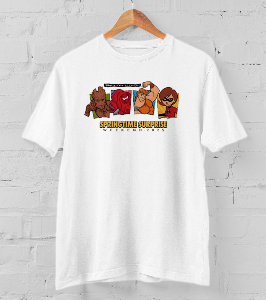 Run Disney Springtime Surprise Weekend 2025 Groot Baymax Hercules Elastigirl T-Shirt