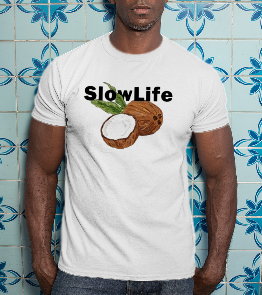 Slow Life Coconut Illustration With Text And Leaves T-Shirt
