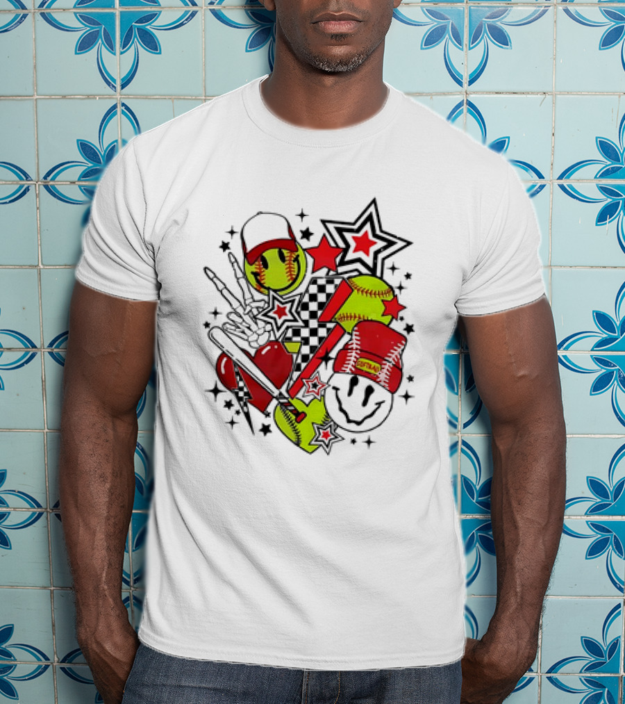 Softball Smiley Face Devil Cap Bats And Stars Retro T-Shirt