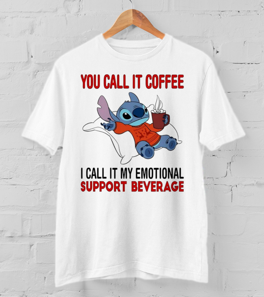 Stitch You Call It Coffee I Call It My Emotional Support Beverage Blue Alien Character With Hot Drink In Red Sweater T-Shirt