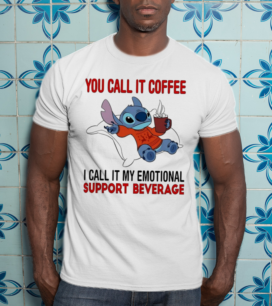 Stitch You Call It Coffee I Call It My Emotional Support Beverage Blue Alien Character With Hot Drink In Red Sweater T-Shirt