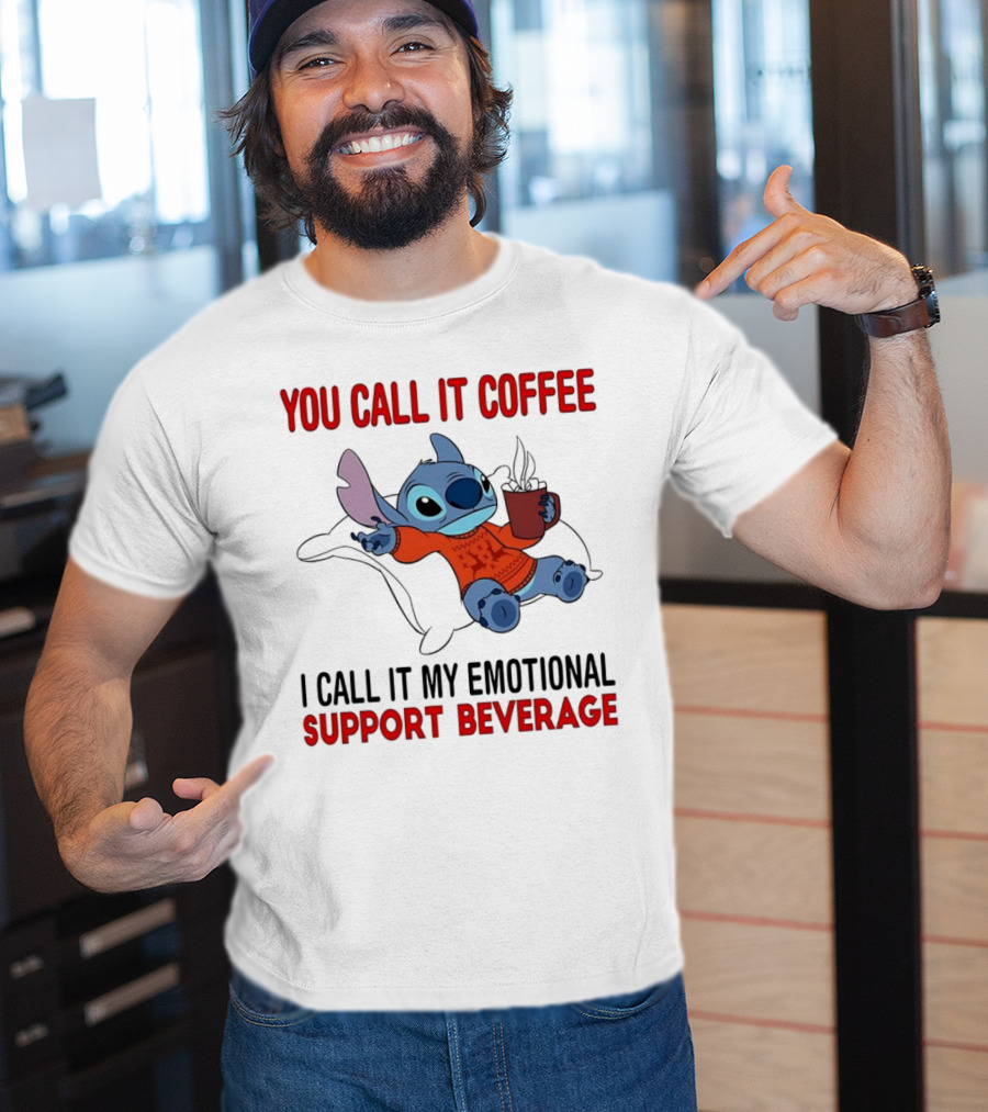Stitch You Call It Coffee I Call It My Emotional Support Beverage Blue Alien Character With Hot Drink In Red Sweater T-Shirt