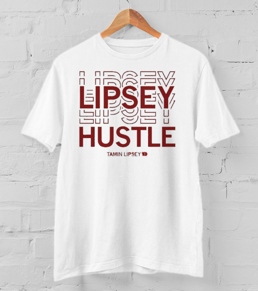 Tamin Lipsey Hustle Repeating Bold Red Text T-Shirt