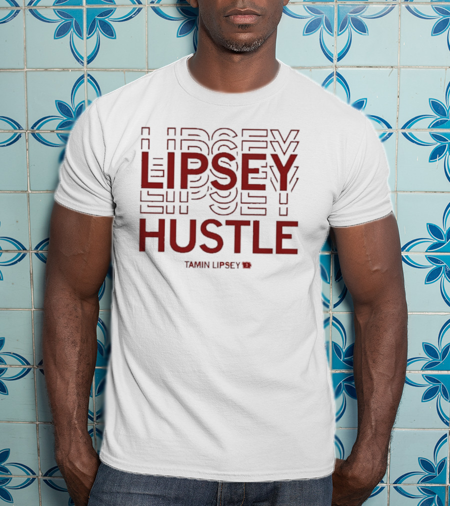 Tamin Lipsey Hustle Repeating Bold Red Text T-Shirt