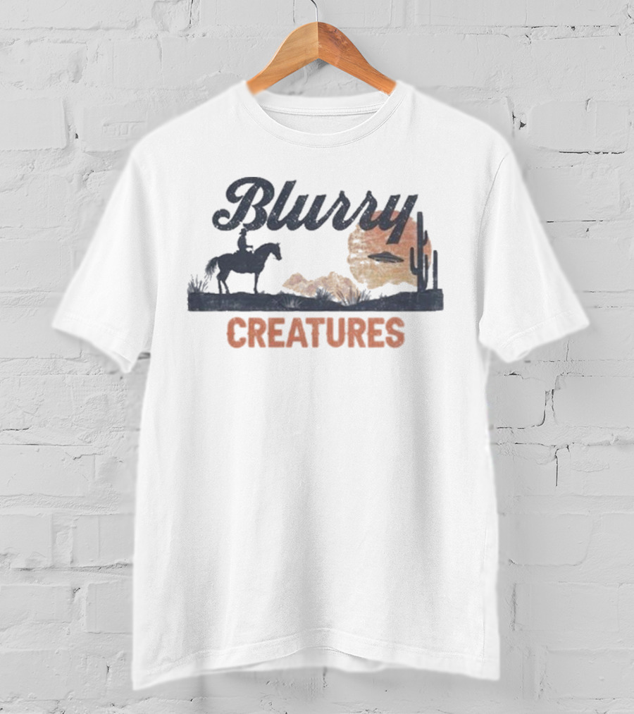 Blurry Creatures UFO Desert Cowboy Cactus Scene T-Shirt