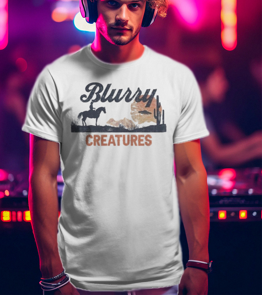 Blurry Creatures UFO Desert Cowboy Cactus Scene T-Shirt