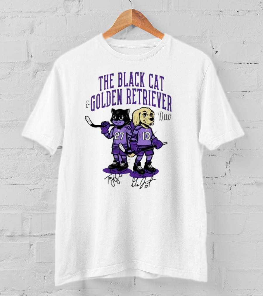 The Black Cat Golden Retriever 27 13 Hockey Duo T-Shirt