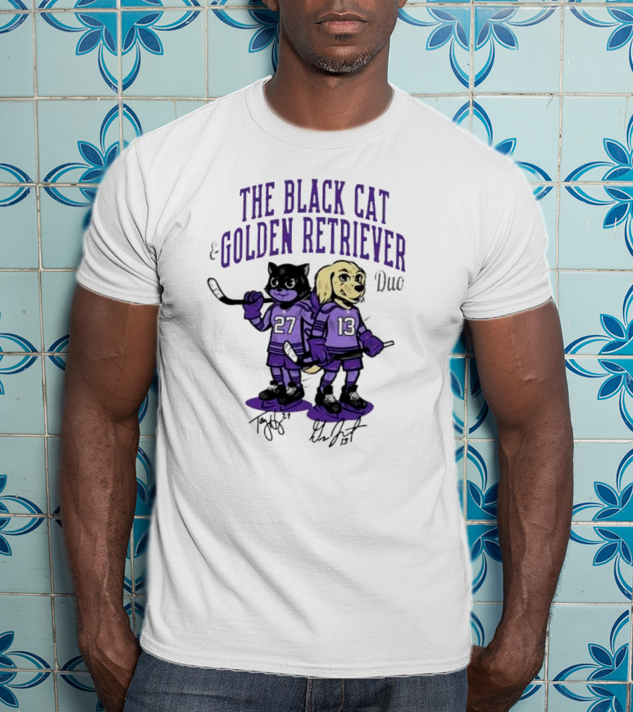 The Black Cat Golden Retriever 27 13 Hockey Duo T-Shirt