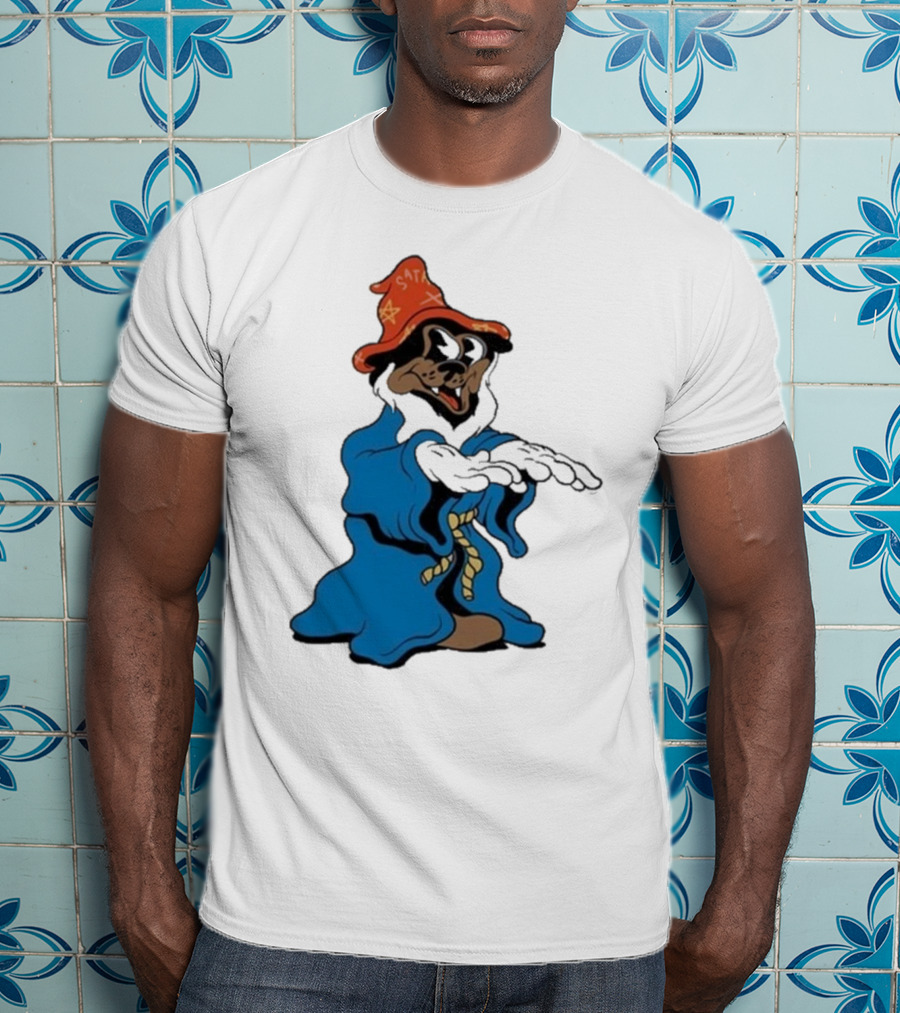 The Dudes It’s All Wavy Wizard Dog In Blue Robe With Orange Star Hat T-Shirt