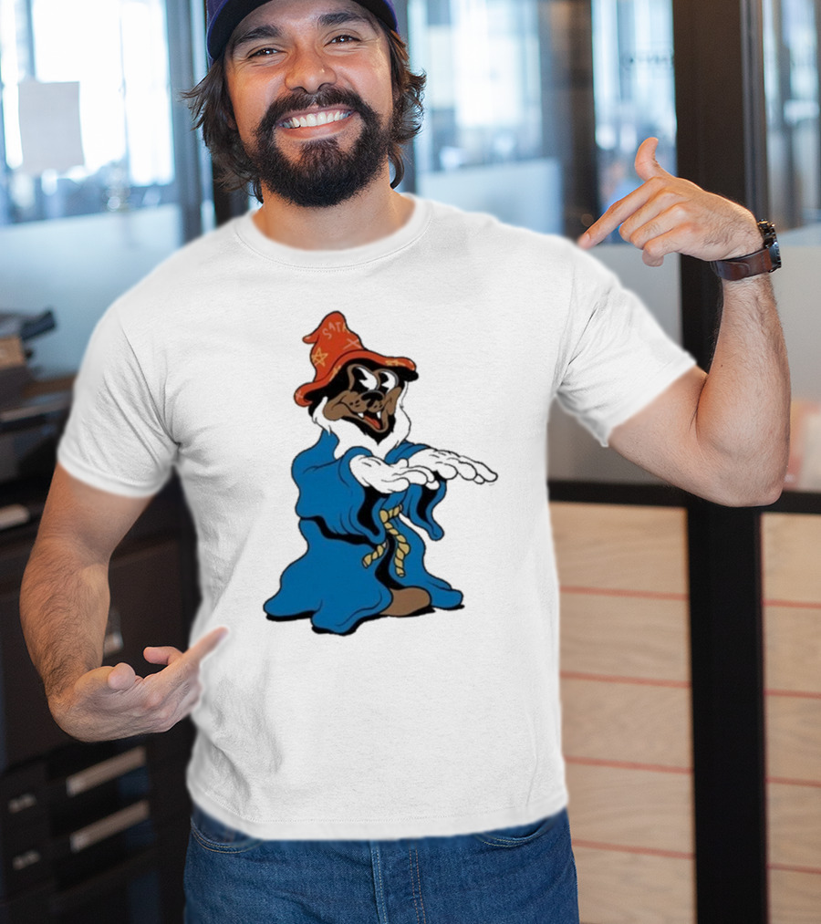 The Dudes It’s All Wavy Wizard Dog In Blue Robe With Orange Star Hat T-Shirt