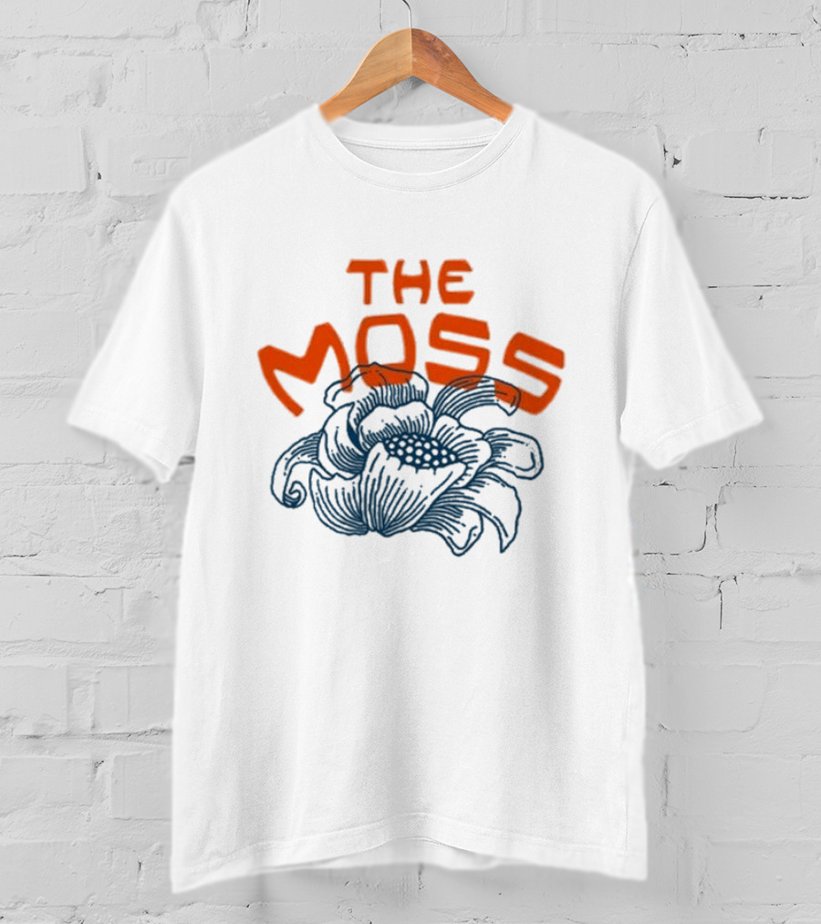 The Moss Flower 2025 Bold Blue And Orange Text Over Artistic Floral Illustration T-Shirt