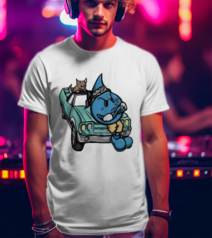Thornhill Bat White Blue Cartoon Character With Dog In Classic Car T-Shirt