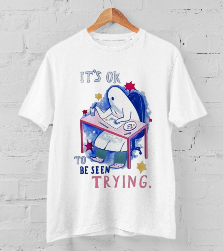 The Sad Ghost Club It's Ok To Be Seen Trying Ghost Painting At Desk With Stars And Colors T-Shirt