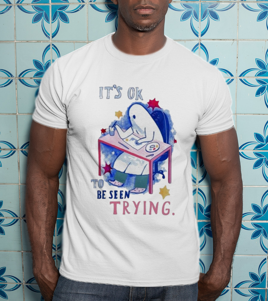 The Sad Ghost Club It's Ok To Be Seen Trying Ghost Painting At Desk With Stars And Colors T-Shirt