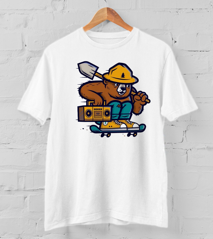 ```Wildfire Relief Bear Skateboarding With Boombox And Shovel``` T-Shirt