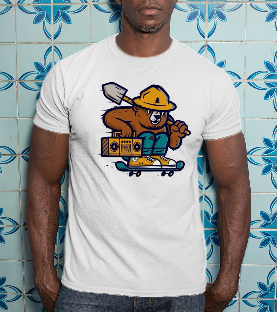 ```Wildfire Relief Bear Skateboarding With Boombox And Shovel``` T-Shirt