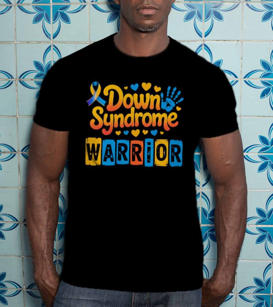 Down Syndrome Warrior Ribbon Handprint Hearts T-Shirt