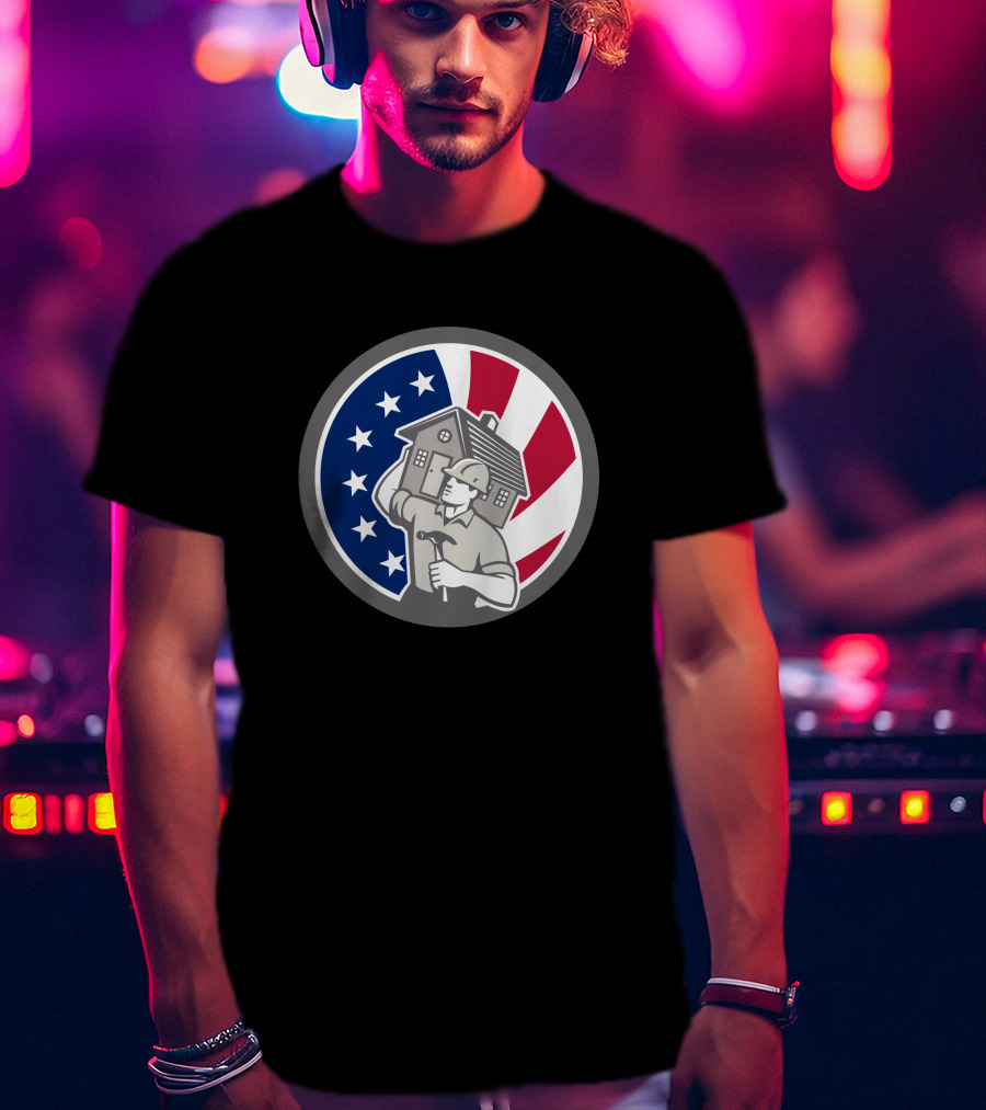 American Building Contractor USA Flag Home Construction Worker T-Shirt