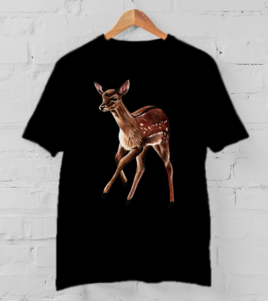 Baby Fallow Deer Fawn Ink And Watercolour Wildlife T-Shirt