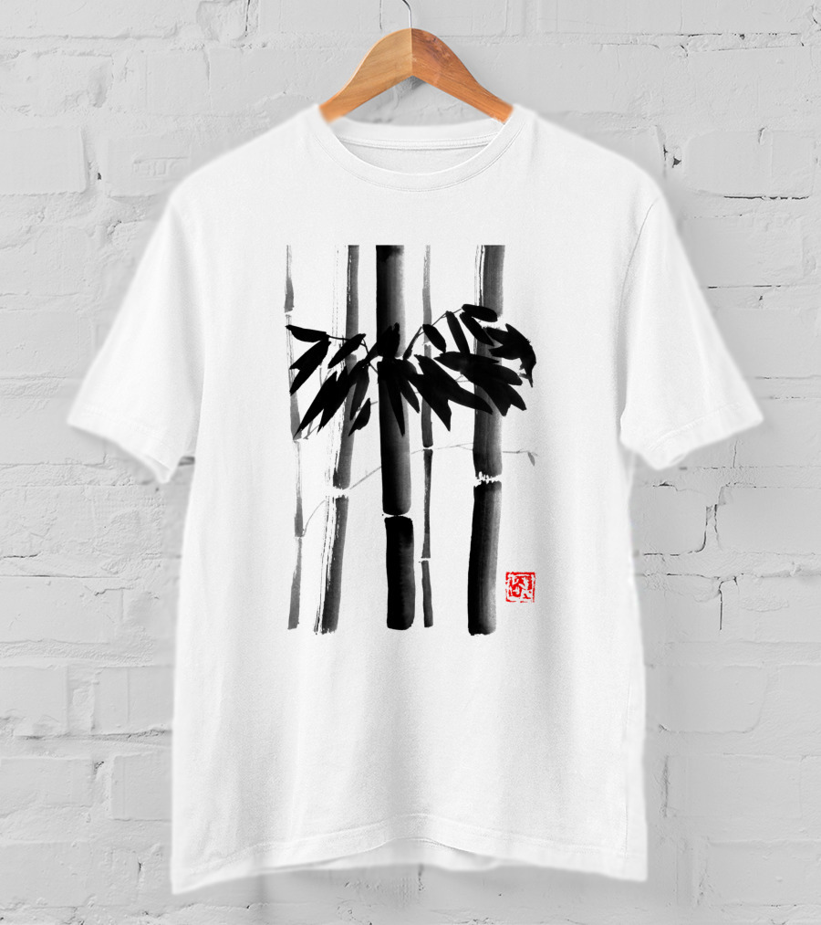 Bamboo Stalks With Artistic Black Brushstroke And Red Stamp T-Shirt