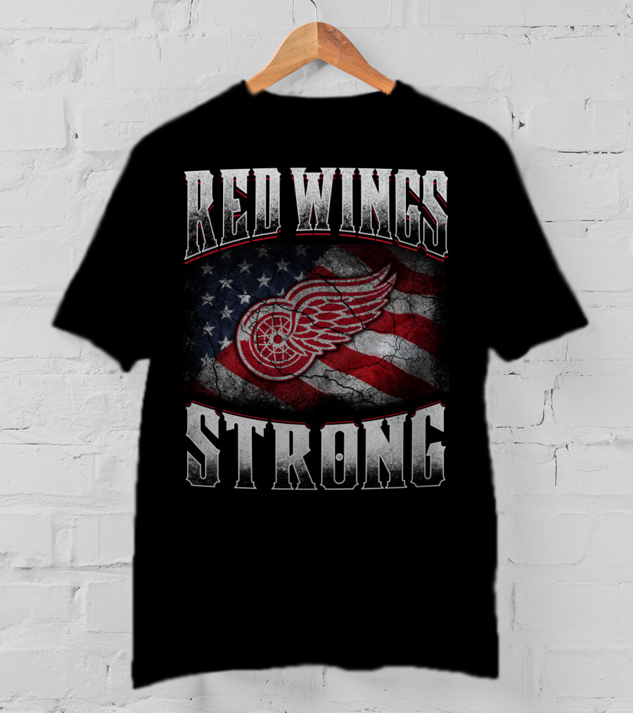 Red Wings Strong American Flag Winged Wheel T-Shirt