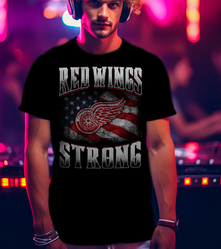 Red Wings Strong American Flag Winged Wheel T-Shirt
