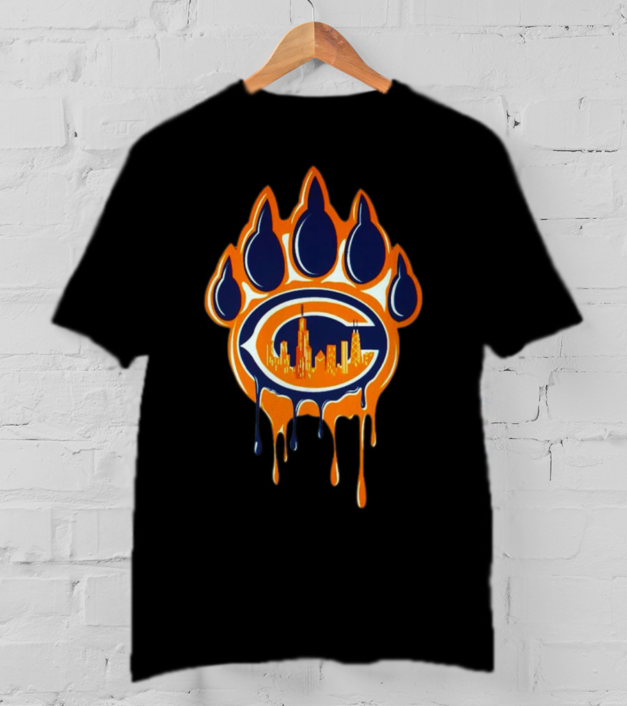 Chicago Bears Paw Print Skyline Dripping C Logo Navy And Orange T-Shirt