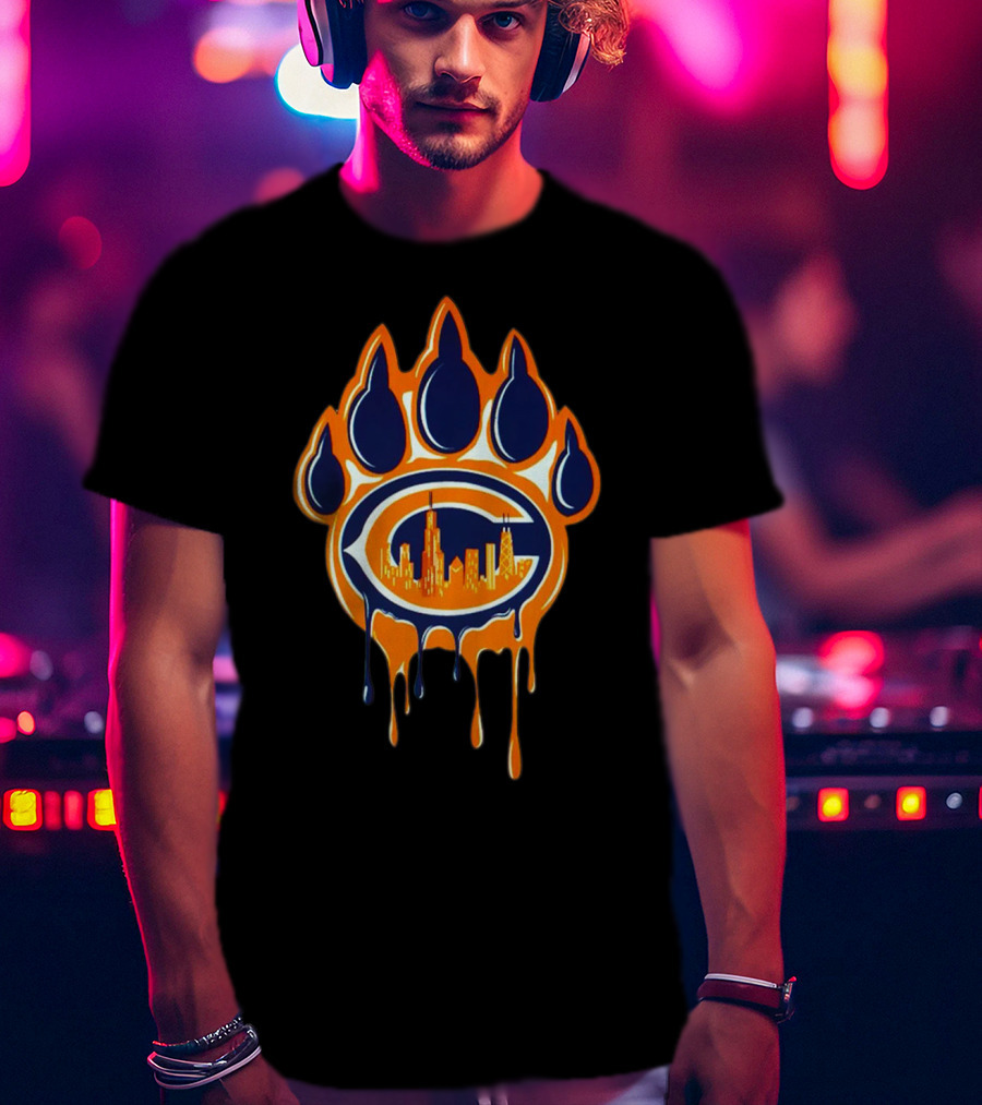 Chicago Bears Paw Print Skyline Dripping C Logo Navy And Orange T-Shirt