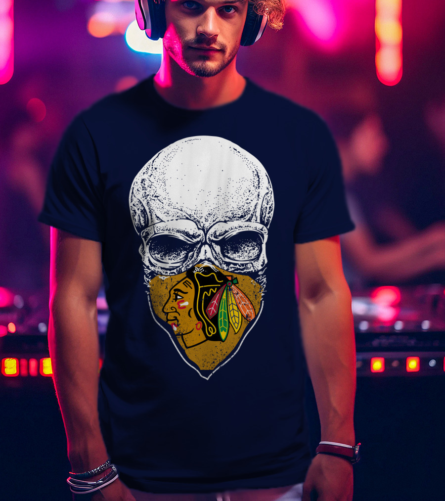 Skull With Native American Mask Blackhawks Logo Inspired T-Shirt