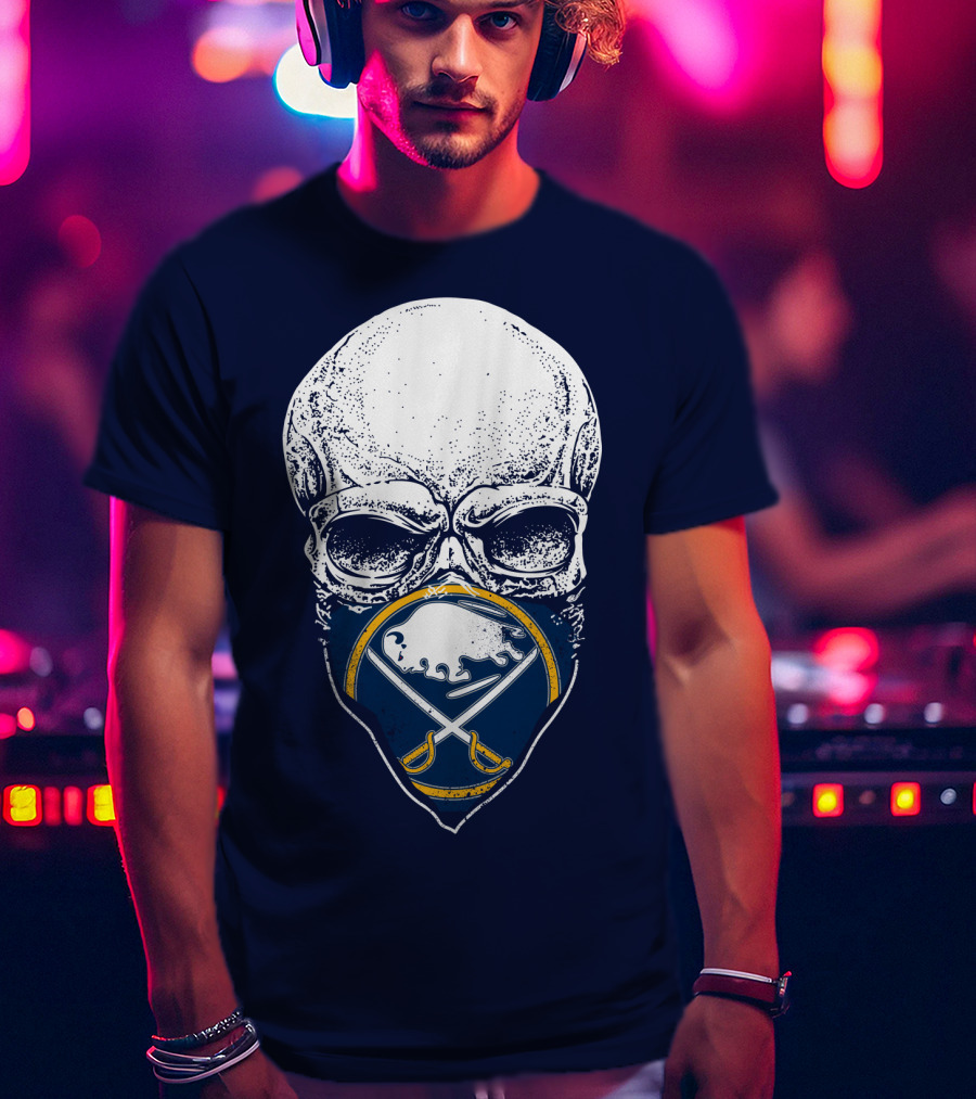 Buffalo Sabres Skull Mask Emblem With Crossed Sabres And Buffalo Silhouette T-Shirt