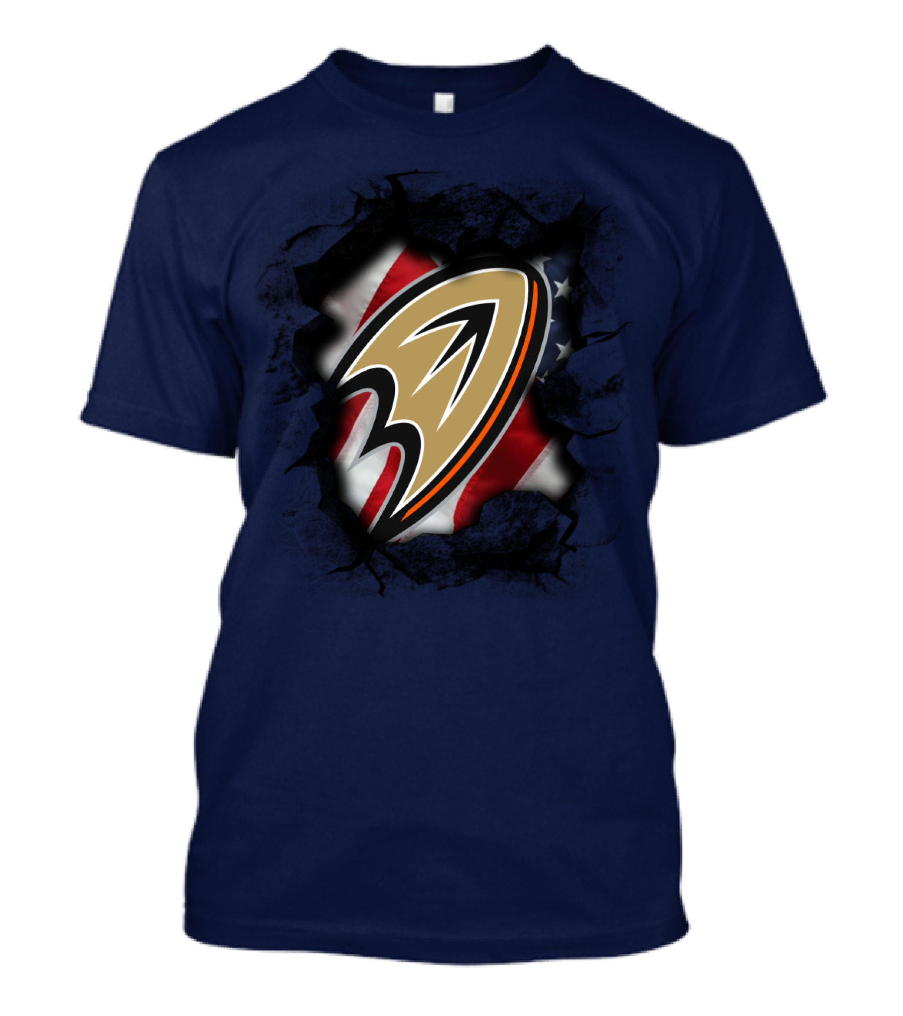 Anaheim Ducks Logo With American Flag Backdrop T-Shirt