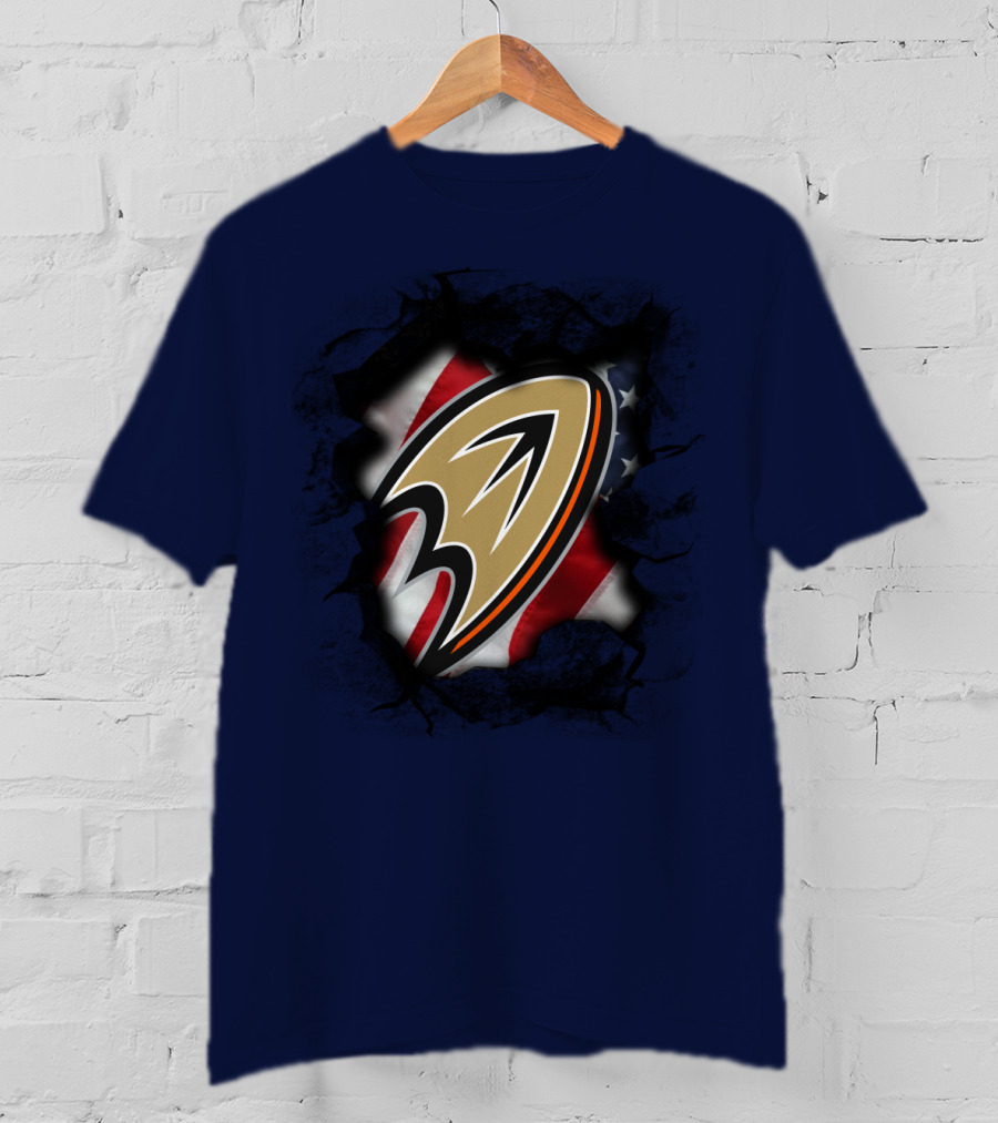 Anaheim Ducks Logo With American Flag Backdrop T-Shirt