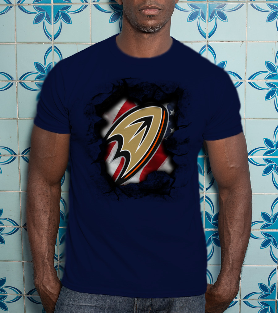 Anaheim Ducks Logo With American Flag Backdrop T-Shirt
