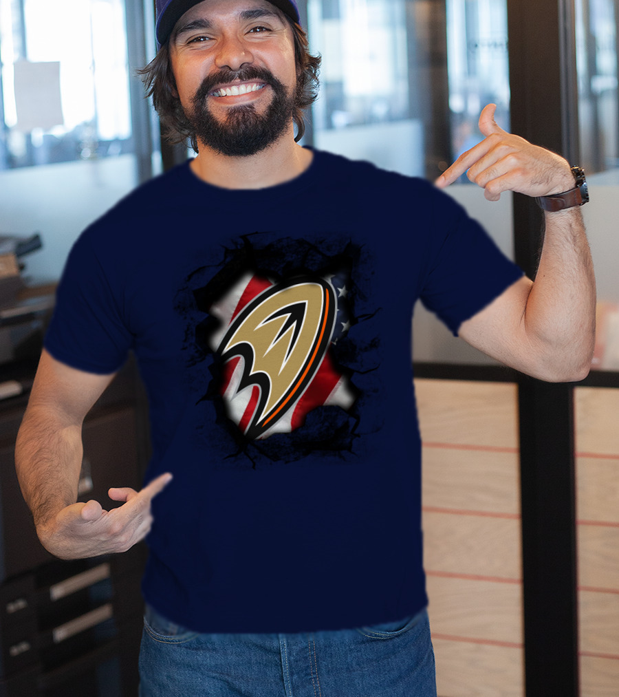 Anaheim Ducks Logo With American Flag Backdrop T-Shirt