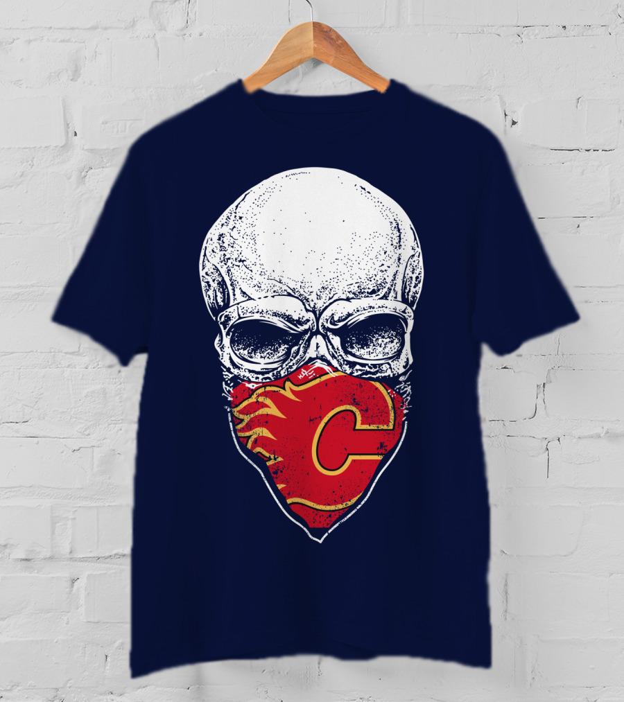Skull With Calgary Flames Logo Facemask T-Shirt