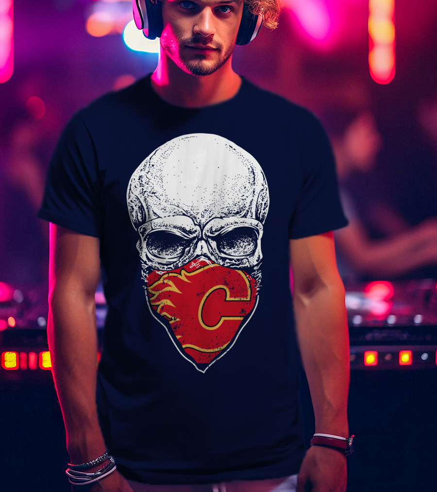 Skull With Calgary Flames Logo Facemask T-Shirt