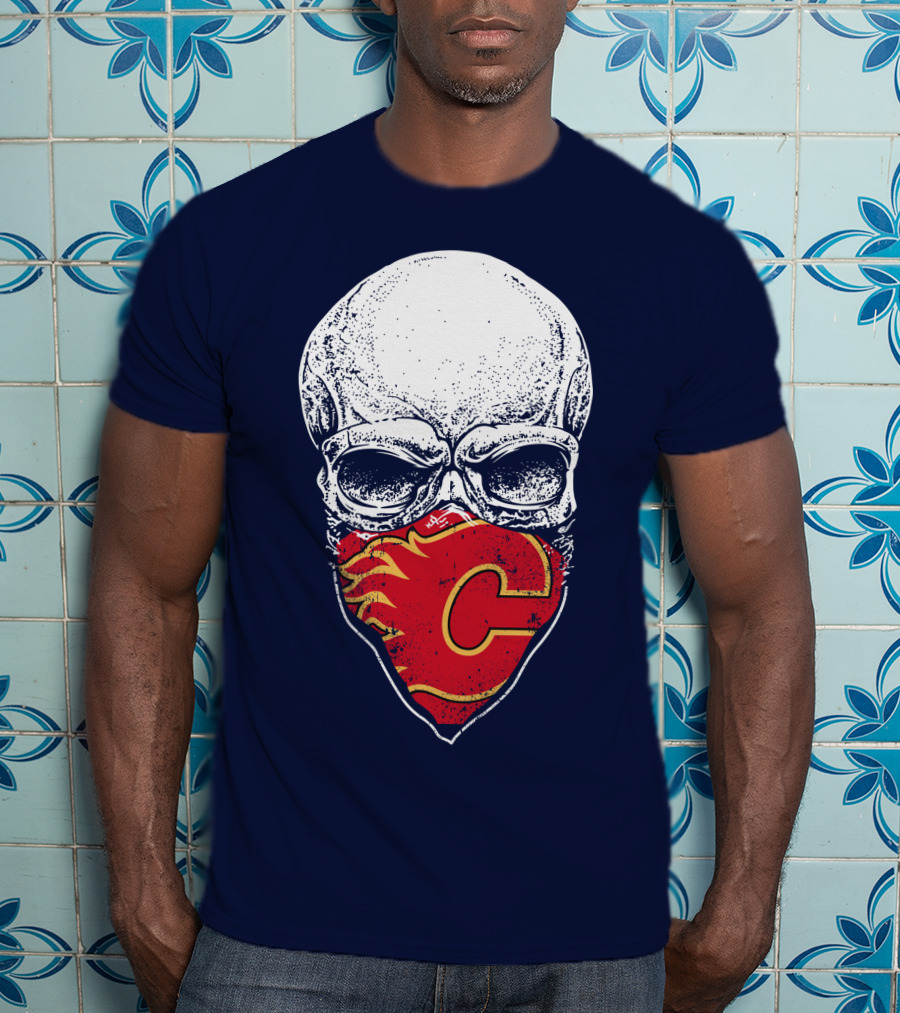 Skull With Calgary Flames Logo Facemask T-Shirt