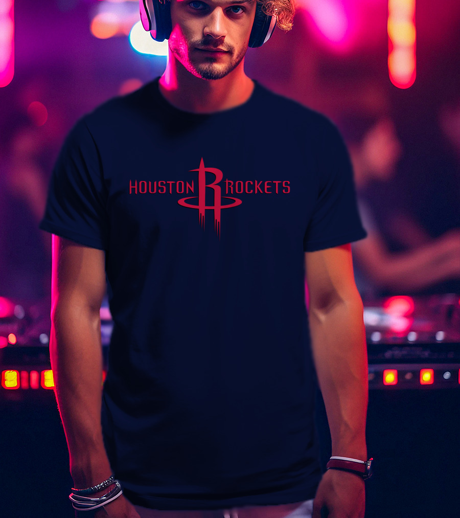 Houston Rockets Nba Red Logo On Dark Blue T-Shirt