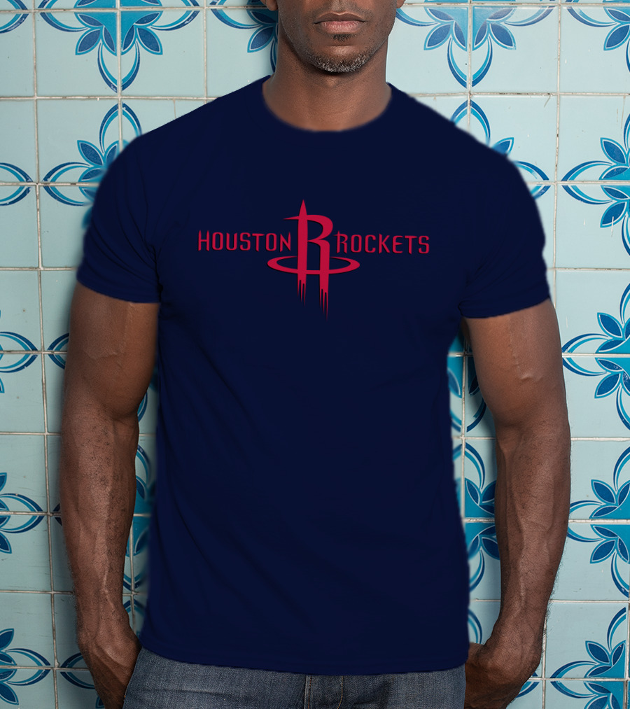 Houston Rockets Nba Red Logo On Dark Blue T-Shirt
