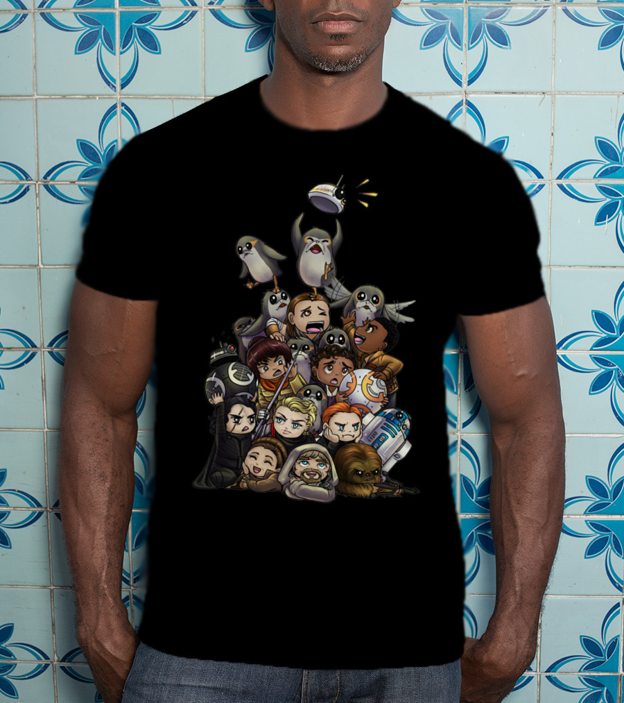 Star Wars Chibi Characters With Porgs And Droids T-Shirt